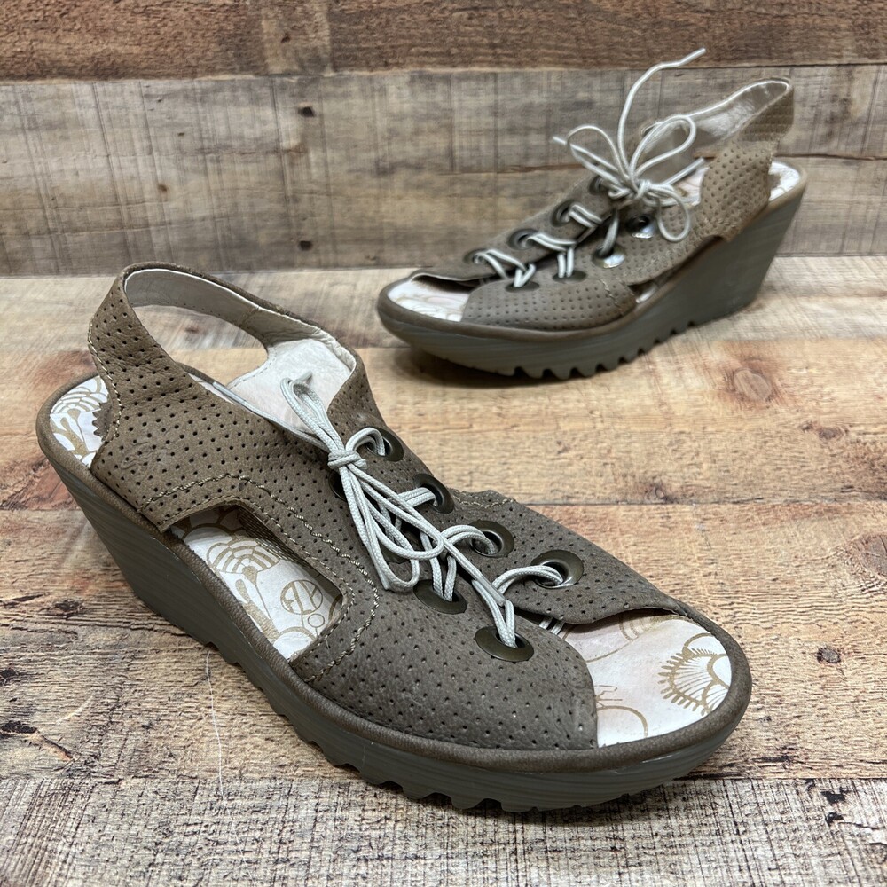 Fly London Womens Brown Leather Lace Up Wedge Open Toe Heels Comfort Size 38